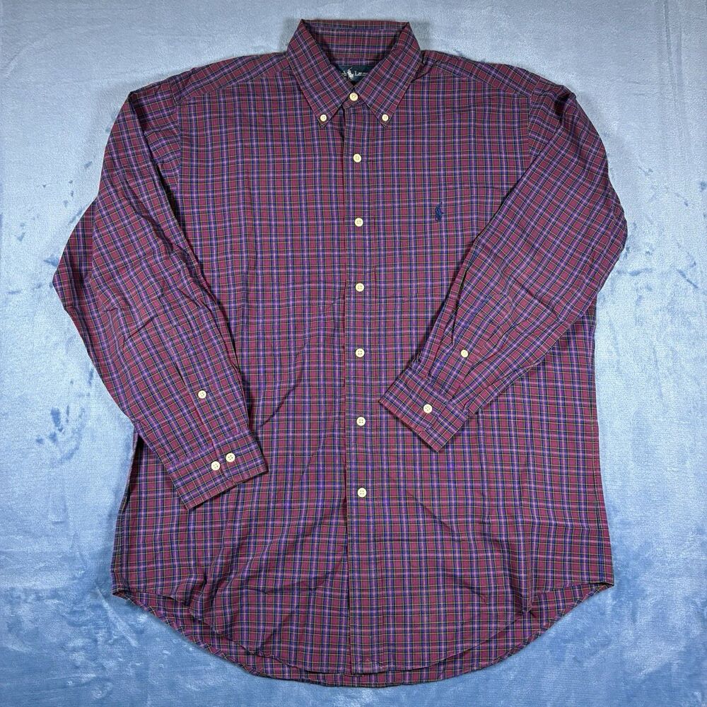 Ralph Lauren Yarmouth Shirt Mens Purple Red Grn Plaid Button Down Cotton 15 1/2